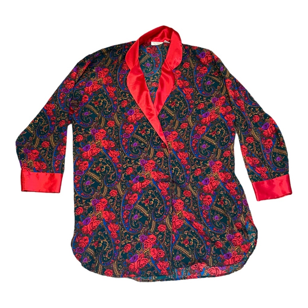 VTG Victoria's Secret Gold Label Paisley Jewel Tone Button-Up Sleep Shirt, Large